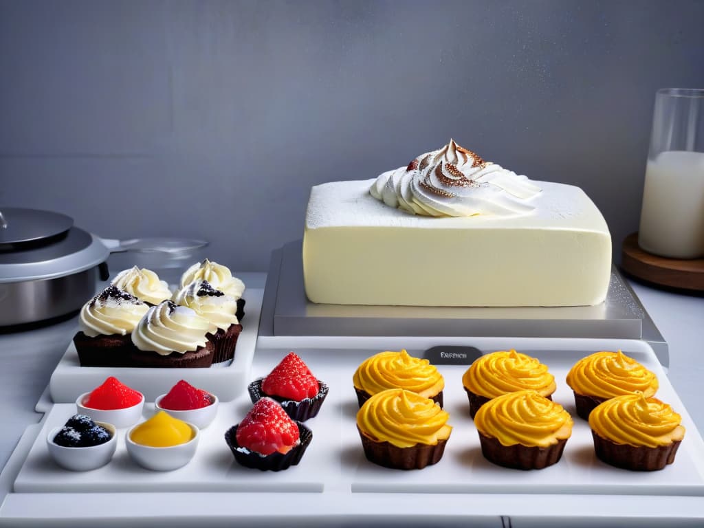  A photorealistic image of a luxurious, highend baking set laid out on a sleek marble countertop. The set includes an assortment of intricate molds made from premium materials like stainless steel and silicone, gleaming under the soft glow of warm kitchen lighting. Each mold showcases fine details and a modern design, exuding elegance and sophistication, perfect for creating exquisite pastries and desserts. hyperrealistic, full body, detailed clothing, highly detailed, cinematic lighting, stunningly beautiful, intricate, sharp focus, f/1. 8, 85mm, (centered image composition), (professionally color graded), ((bright soft diffused light)), volumetric fog, trending on instagram, trending on tumblr, HDR 4K, 8K