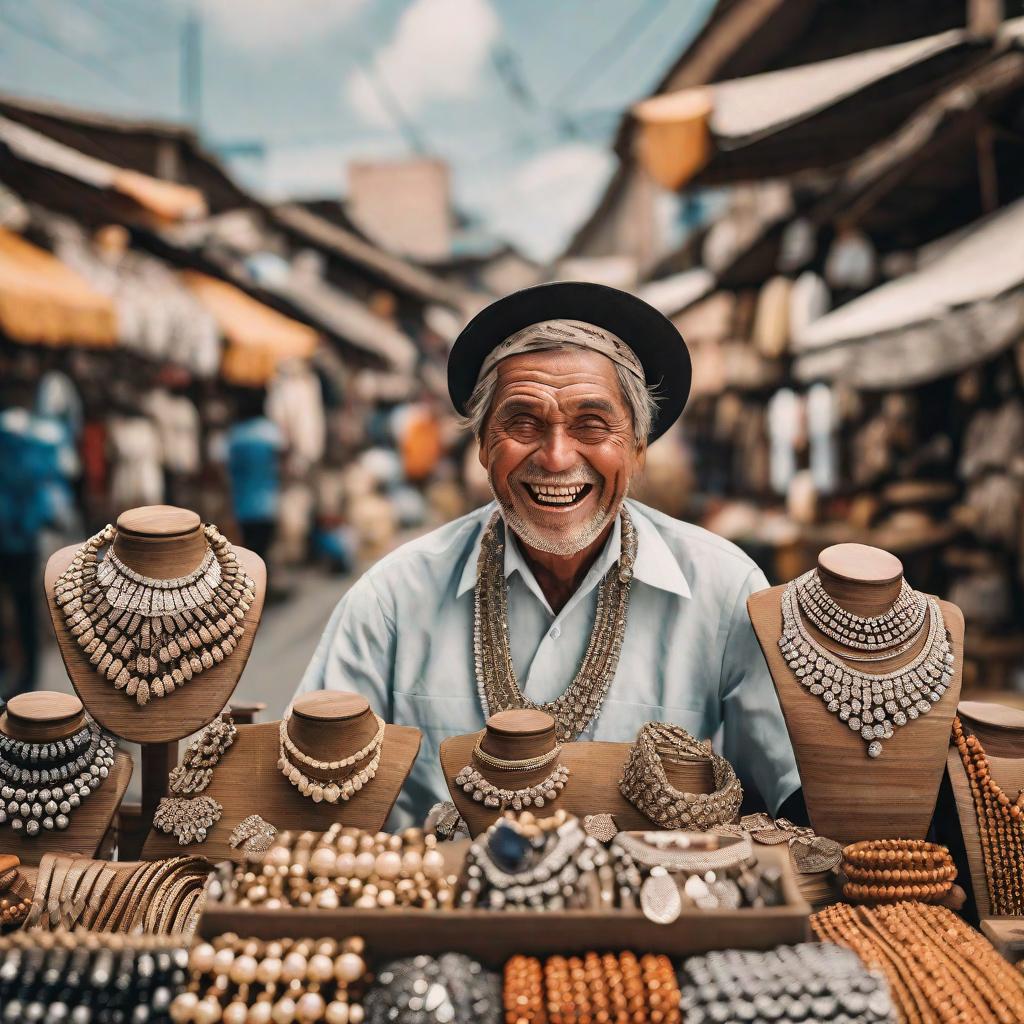  masterpiece, best quality, Make is an image of a happy jewelry seller using Brazilian faces.