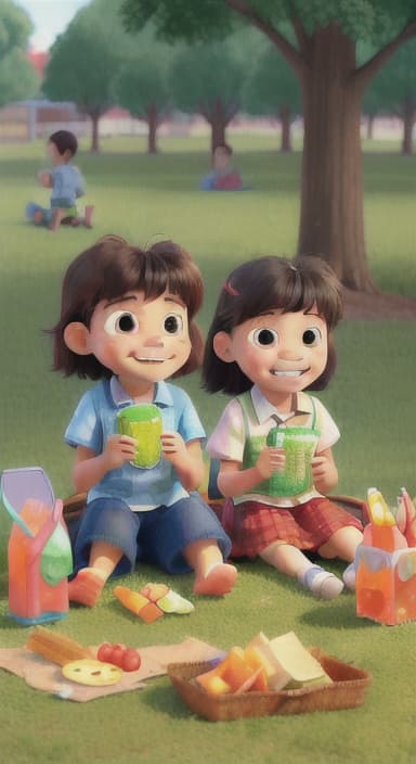  {Kids sitting around a picnic blanket, enjoying juice boxes and snacks., Children happily eating snacks, with crumbs on their faces and big smiles.