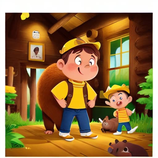  a boy with yellow hat and brown shirt and green pants, bear standing, in cabin