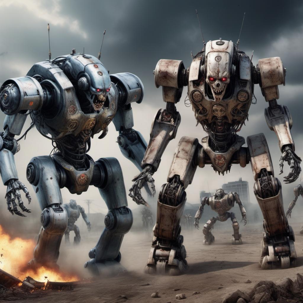  hyperrealistic art two scary battle robots zombie + opposition . extremely high-resolution details, photographic, realism pushed to extreme, fine texture, incredibly lifelike