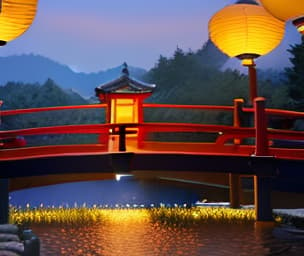  masterpiece, best quality, (Fidelity: 1.4), Best Quality, Masterpiece, Ultra High Resolution, 8k resolution, A night view inspired by Japanese art, featuring a garden illuminated by paper lanterns and a wooden bridge spanning a tranquil lake, by the lakeside, there is a small Zen temple. The water reflects the starry sky.