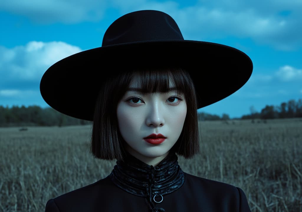  good quality, high quality, [high resolution cinematic fashion editorial, shot on 35mm film], [young east asian female model with pale blue skin tone, straight black bangs framing a delicate face, dark almond shaped eyes emphasized by sharp eyeliner, and glossy red lips], [wearing a large black wide brimmed hat with a textured black high neck dress], [standing in a desolate field of tall grasses under an intense blue sky with silhouettes of distant trees], [eerie, surreal lighting with deep shadows, creating a stark contrast and mysterious mood], [front facing close up pose, directly engaging with the camera], [shot on fujifilm velvia 50], [deep blue, jet black, pale skin palette]