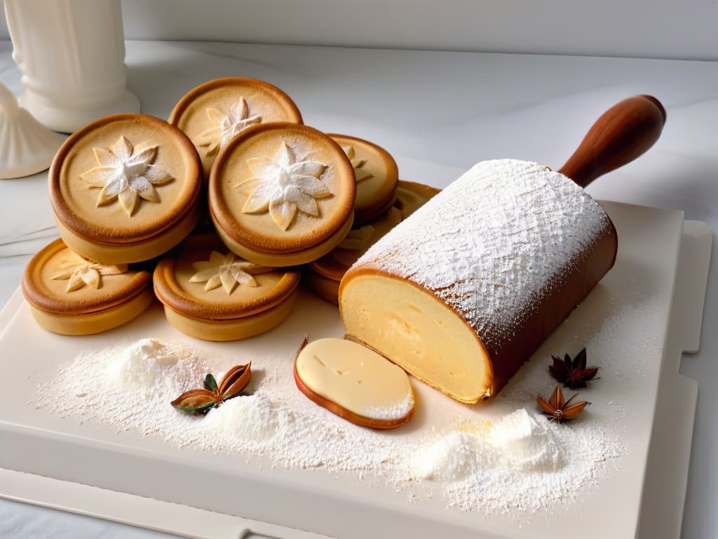  An intricately designed wooden rolling pin with delicate floral engravings, resting on a marble countertop scattered with powdered sugar and freshly baked alfajores. The goldenbrown cookies are perfectly round, dusted with a light sprinkle of powdered sugar, and filled with a luscious dulce de leche that oozes out slightly, inviting the viewer to reach out and take a bite. The soft, warm lighting from a nearby window casts a gentle glow on the scene, highlighting the textures and colors of the traditional South American pastries. hyperrealistic, full body, detailed clothing, highly detailed, cinematic lighting, stunningly beautiful, intricate, sharp focus, f/1. 8, 85mm, (centered image composition), (professionally color graded), ((bright soft diffused light)), volumetric fog, trending on instagram, trending on tumblr, HDR 4K, 8K