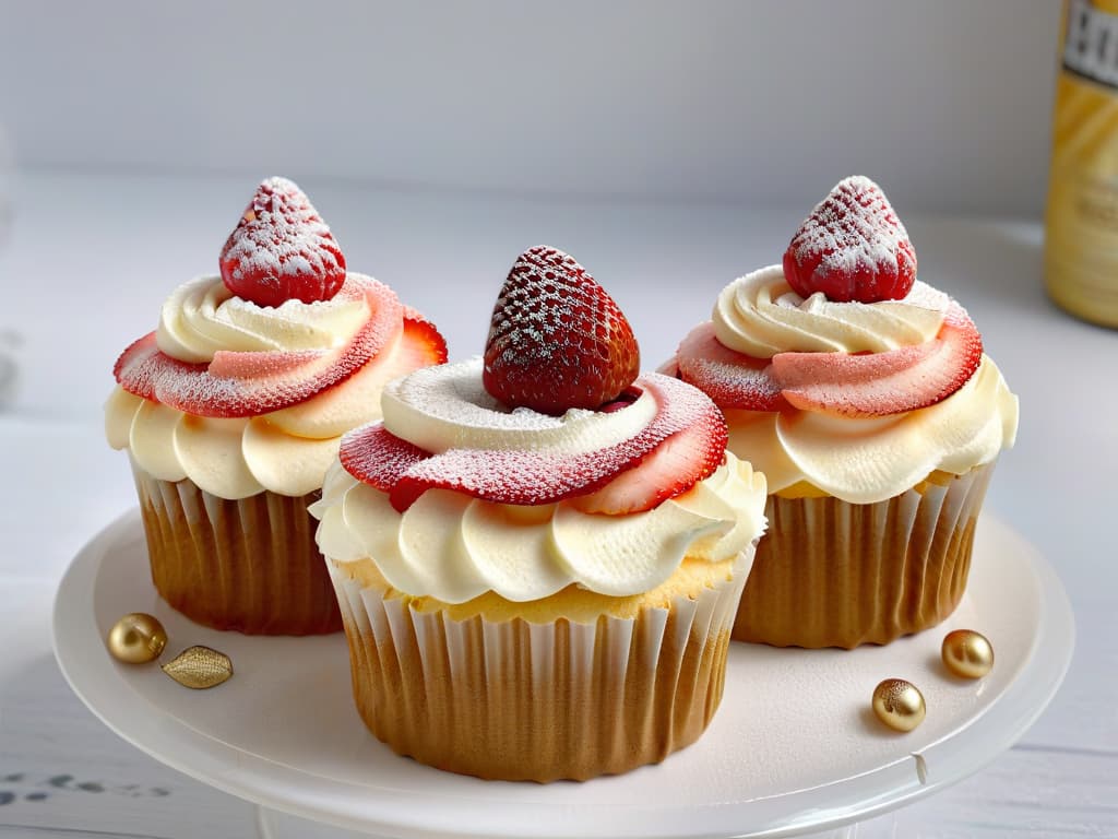  An ultradetailed image featuring a closeup shot of a beautifully decorated champagne and strawberry cupcake, showcasing intricate details like delicate champagneinfused frosting swirls, fresh strawberry slices elegantly placed on top, and a hint of edible gold leaf for a touch of luxury. The cupcake is set against a clean, white backdrop to emphasize its minimalistic and professional aesthetic, with soft natural lighting enhancing the vibrant colors of the dessert, making it visually appealing and inspiring for readers looking to experiment with flavors and textures in their baking endeavors. hyperrealistic, full body, detailed clothing, highly detailed, cinematic lighting, stunningly beautiful, intricate, sharp focus, f/1. 8, 85mm, (centered image composition), (professionally color graded), ((bright soft diffused light)), volumetric fog, trending on instagram, trending on tumblr, HDR 4K, 8K