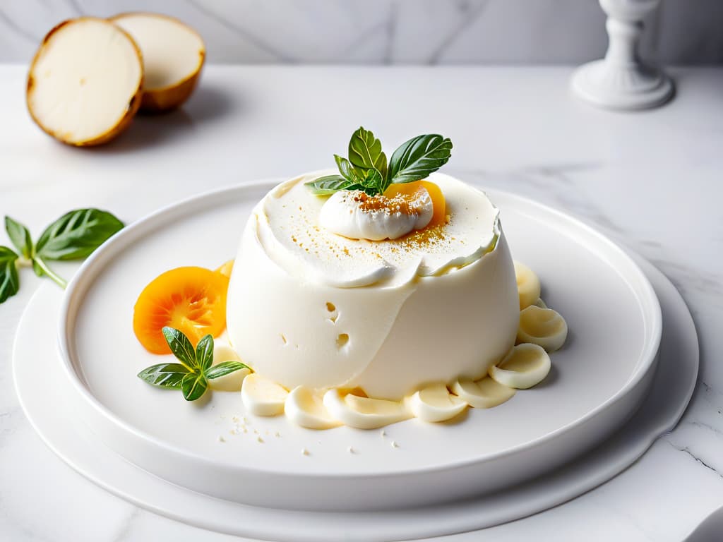  An ultradetailed, highresolution image of a freshly cut burrata cheese oozing with creamy filling, set against a sleek, white marble background. The creamy center of the burrata should be perfectly visible, showcasing its soft texture and richness. The focus is on the intricate details of the cheese, capturing its smoothness and delicate flavor in a simple yet elegant composition. hyperrealistic, full body, detailed clothing, highly detailed, cinematic lighting, stunningly beautiful, intricate, sharp focus, f/1. 8, 85mm, (centered image composition), (professionally color graded), ((bright soft diffused light)), volumetric fog, trending on instagram, trending on tumblr, HDR 4K, 8K