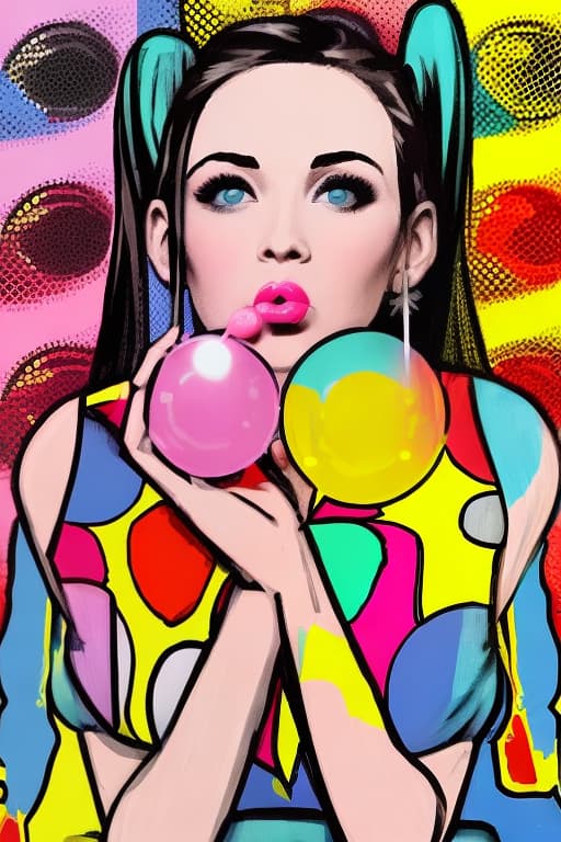  Head shot of Woman blowing bubble gum pop art style