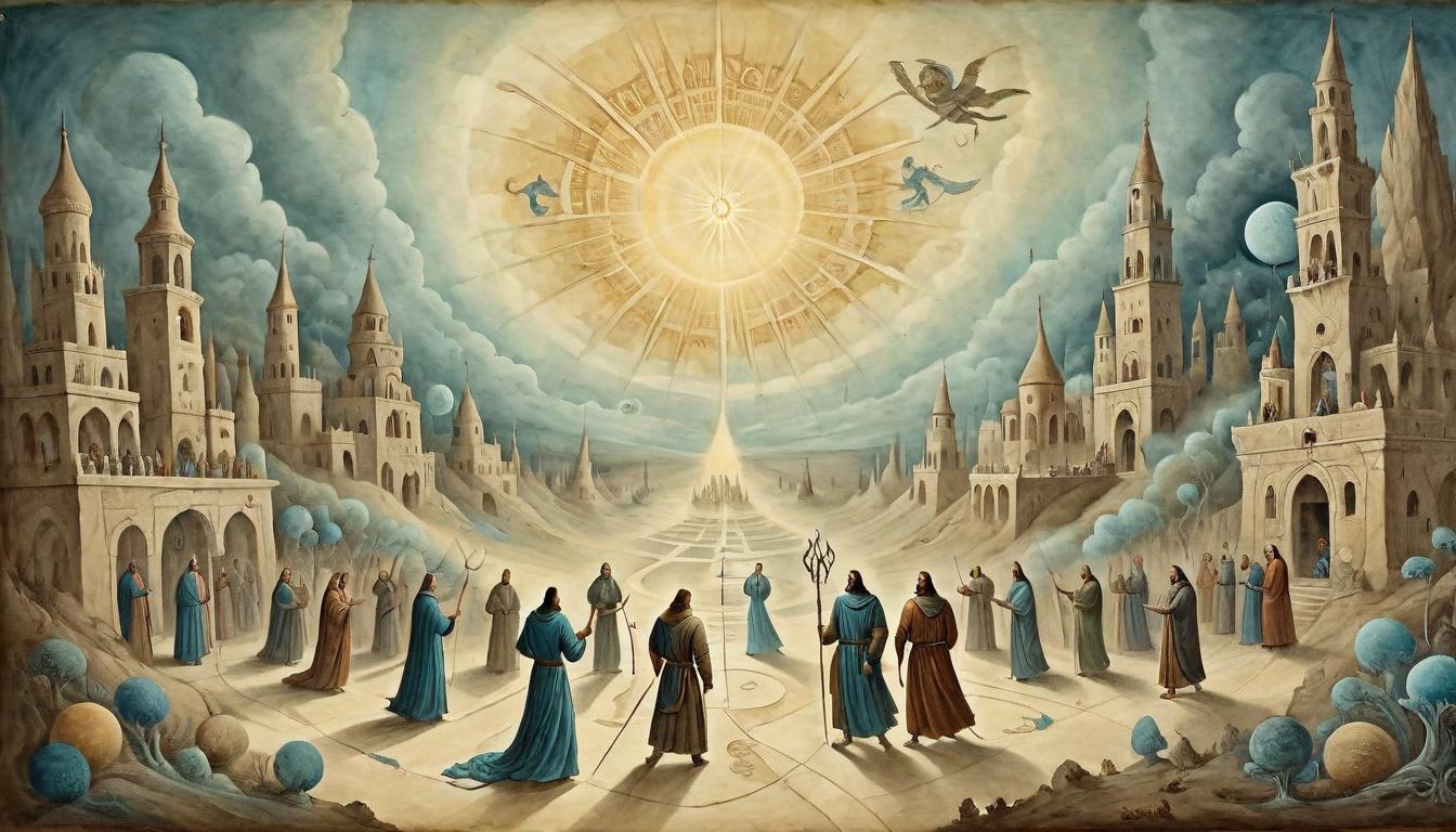  on parchment, surrealism+++, individual radiating ethereal light, surrounded by figures reaching out, illuminated paths weaving between, collective awakening, interconnection(mysterious, provocative, symbolic,muted color)+++