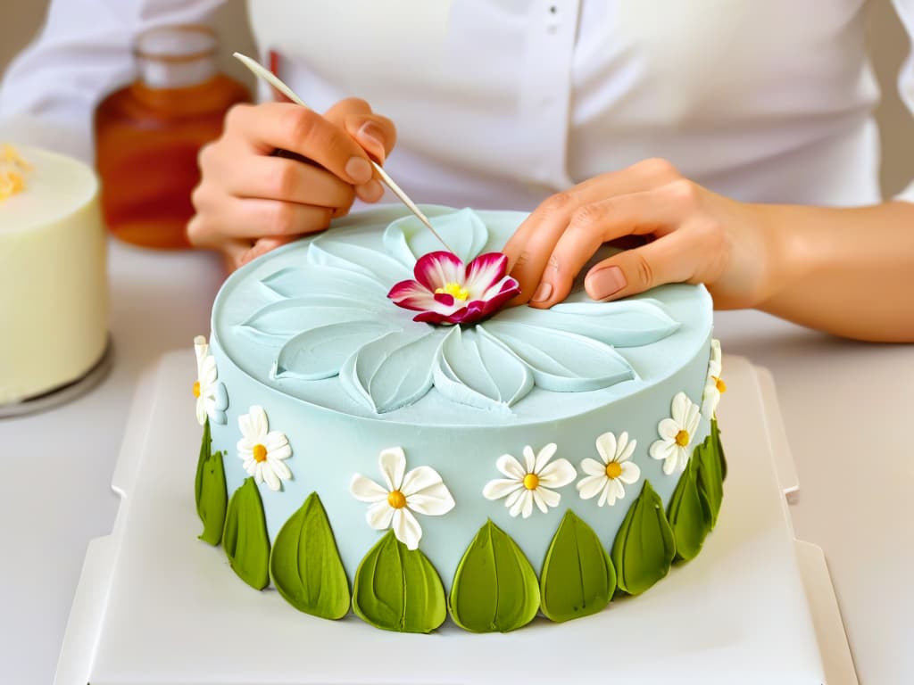  A highresolution photograph of a pair of hands delicately shaping intricate sugar flower decorations on a freshly baked cake. The image showcases the meticulous artistry and precision involved in cake decorating, with vibrant colors contrasting against a clean, white background. The hands belong to a skilled baker, their focus evident in the graceful movements captured in stunning detail. The overall composition exudes a sense of creativity, dedication, and the value of craftsmanship in the realm of pastry arts. hyperrealistic, full body, detailed clothing, highly detailed, cinematic lighting, stunningly beautiful, intricate, sharp focus, f/1. 8, 85mm, (centered image composition), (professionally color graded), ((bright soft diffused light)), volumetric fog, trending on instagram, trending on tumblr, HDR 4K, 8K