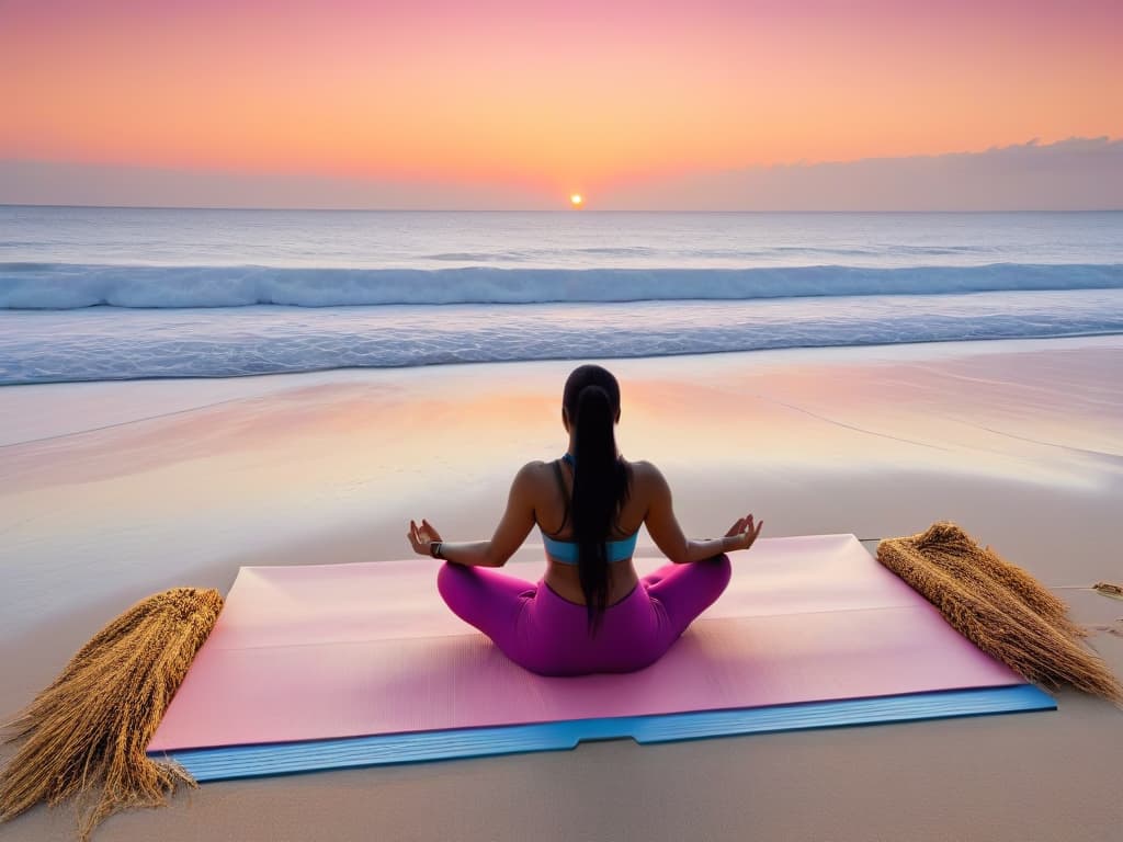  A highresolution image of a serene beach at sunrise, with a solitary figure practicing yoga on a yoga mat placed on the sand. The sky is painted in soft pastel hues of pink and orange, casting a warm glow over the scene. The figure, a silhouette against the horizon, is in a peaceful yoga pose, embodying the balance of body and mind, symbolizing the harmony of healthy living and relaxation during a vacation focused on wellness and culinary exploration. hyperrealistic, full body, detailed clothing, highly detailed, cinematic lighting, stunningly beautiful, intricate, sharp focus, f/1. 8, 85mm, (centered image composition), (professionally color graded), ((bright soft diffused light)), volumetric fog, trending on instagram, trending on tumblr, HDR 4K, 8K