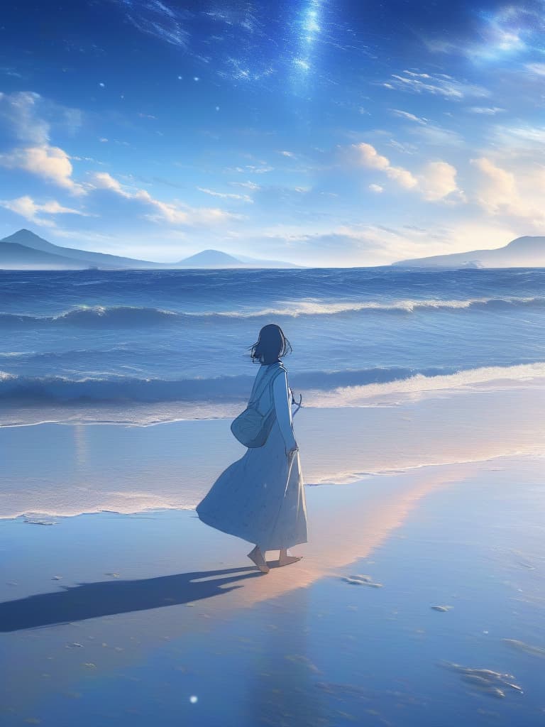  The background is the sea, the sky is a starry sky, a man is walking on the beach, the back, masterpiece, best quality,8k,ultra detailed,high resolution,an extremely delicate and beautiful,hyper detail