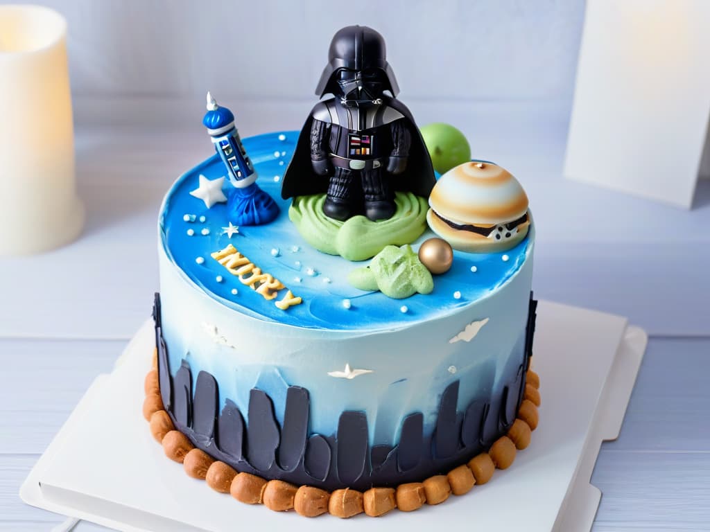  An ultradetailed closeup image of a Star Warsthemed cake featuring intricate fondant decorations of iconic characters like Darth Vader, Yoda, and R2D2, set against a backdrop of a galaxy made of shimmering edible stars and planets. The cake is expertly crafted with precise detailing, showcasing a blend of colors and textures that make it a true work of art. The lighting highlights the cake's smooth finish and delicate features, making it a visually stunning centerpiece for a galactic dessert table. hyperrealistic, full body, detailed clothing, highly detailed, cinematic lighting, stunningly beautiful, intricate, sharp focus, f/1. 8, 85mm, (centered image composition), (professionally color graded), ((bright soft diffused light)), volumetric fog, trending on instagram, trending on tumblr, HDR 4K, 8K