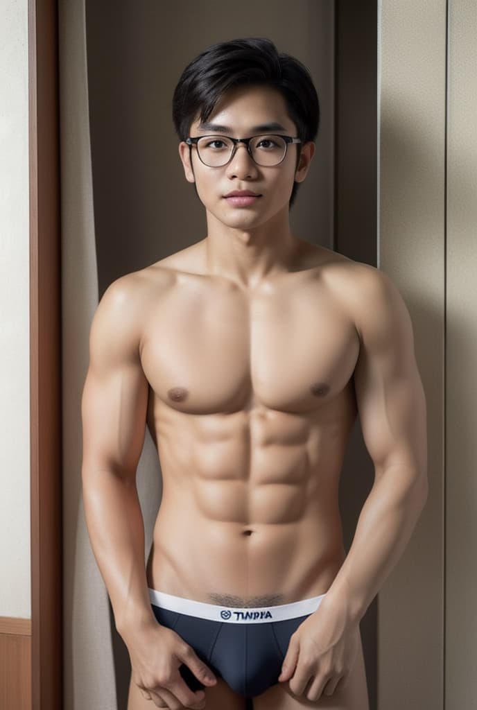  A young Thai boy with a handsome face, wears glasses, takes off his shirt, has a lean figure, two-block hair style, shows off his six-pack, wears only underwear. ,ADVERTISING PHOTO,high quality, good proportion, masterpiece ,, The image is captured with an 8k camera and edited using the latest digital tools to produce a flawless final result.