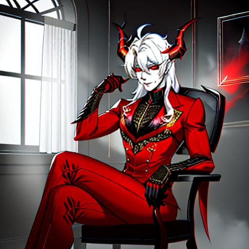  A humanoid demon sits in a chair, his skin red, his eyes glowing hot, and he has horns. The demon's face is cunning. Note: English spelling and grammar have been corrected and saved. hyperrealistic, full body, detailed clothing, highly detailed, cinematic lighting, stunningly beautiful, intricate, sharp focus, f/1. 8, 85mm, (centered image composition), (professionally color graded), ((bright soft diffused light)), volumetric fog, trending on instagram, trending on tumblr, HDR 4K, 8K