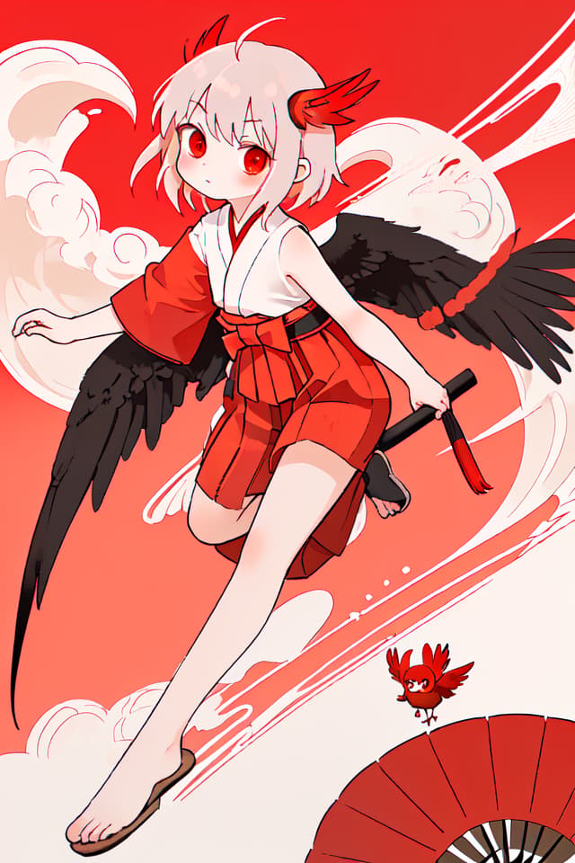  Tengu, wearing long hem hakama, red tengu wings grow on the back, bare feet, clogs, fan, little girl