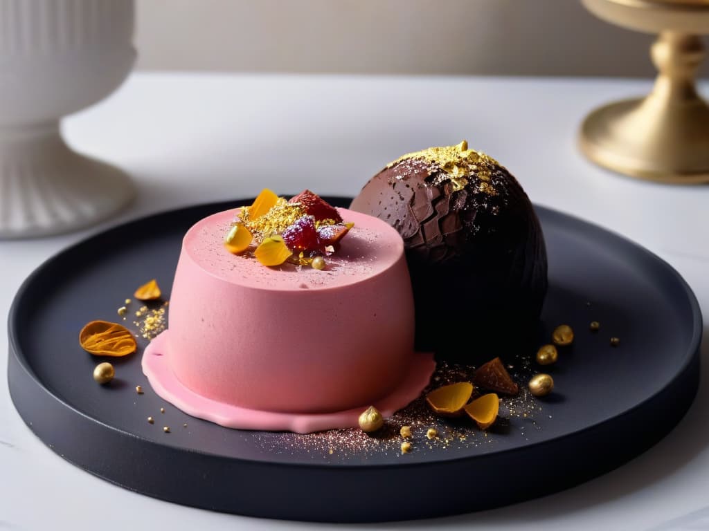  A closeup, ultradetailed image of a perfectly crafted pink ruby chocolate truffle, delicately dusted with shimmering edible gold flakes, resting on a sleek, matte black ceramic plate. The truffle's surface showcases a mesmerizing glossy finish, reflecting soft ambient lighting to highlight its intricate texture and alluring rosy hue. The background is subtly blurred, emphasizing the truffle as the focal point and evoking a sense of luxury and sophistication. hyperrealistic, full body, detailed clothing, highly detailed, cinematic lighting, stunningly beautiful, intricate, sharp focus, f/1. 8, 85mm, (centered image composition), (professionally color graded), ((bright soft diffused light)), volumetric fog, trending on instagram, trending on tumblr, HDR 4K, 8K