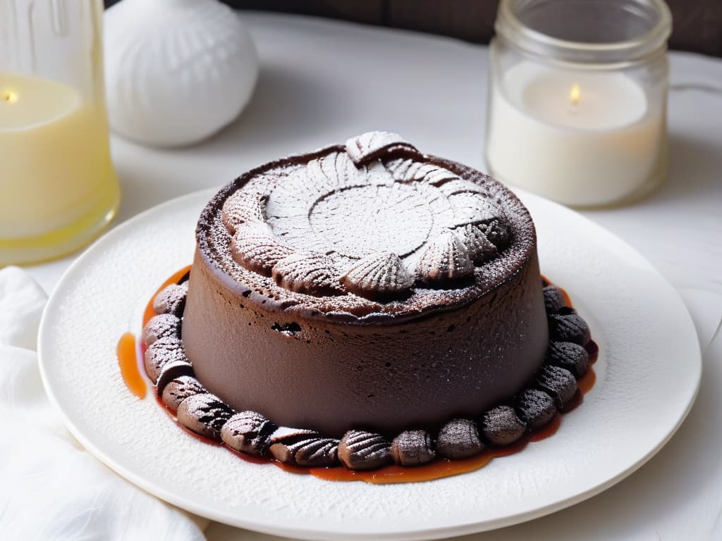  A closeup, ultradetailed photograph of a decadent chocolate lava cake with a glossy, molten center oozing out onto a sleek, modern white plate. The cake is topped with a delicate dusting of powdered sugar and a single vibrant raspberry, its juices glistening under soft, natural lighting that highlights every rich, indulgent detail of this exquisite dessert. hyperrealistic, full body, detailed clothing, highly detailed, cinematic lighting, stunningly beautiful, intricate, sharp focus, f/1. 8, 85mm, (centered image composition), (professionally color graded), ((bright soft diffused light)), volumetric fog, trending on instagram, trending on tumblr, HDR 4K, 8K