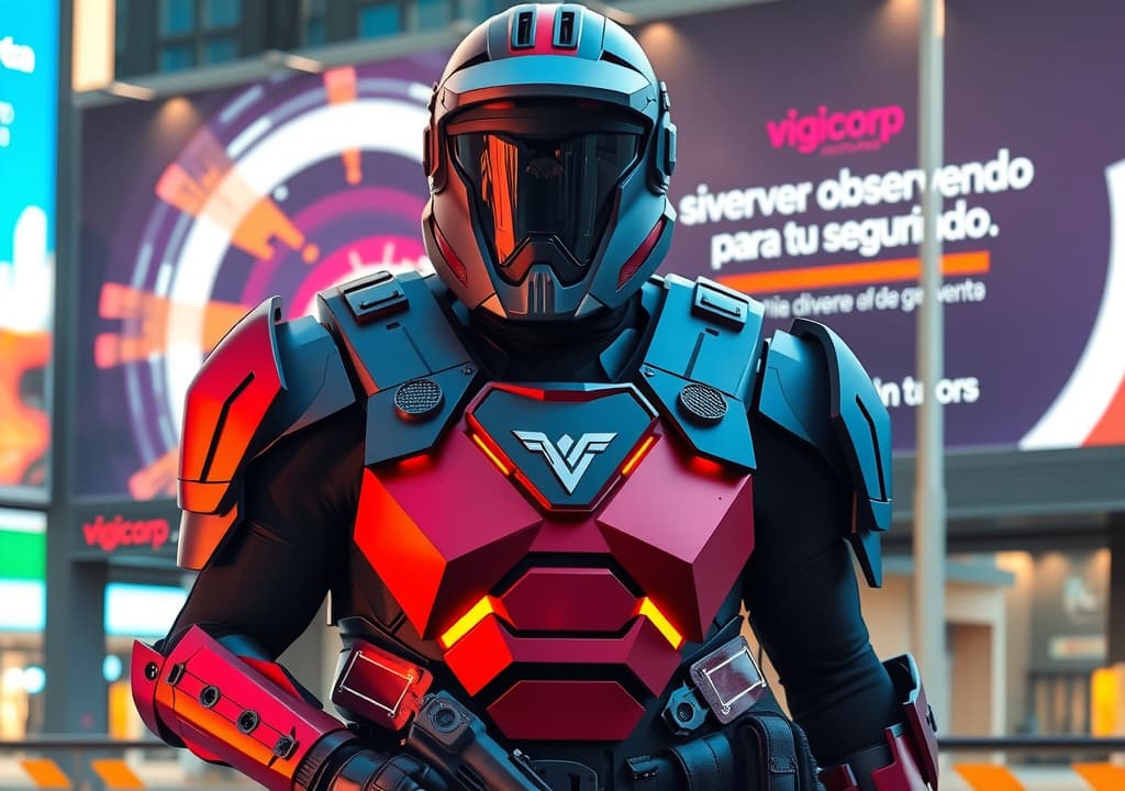  good quality, high quality, a municorp officer patrolling the futuristic streets of neobizkaia, his armor resembling the traditional ertzaintza police uniform, with deep red and dark blue tones. his armored plates have glowing red edges, and the metallic municorp logo on his chest is embossed. a vigicorp propaganda billboard in the background reads "vigicorp: siempre observando para tu seguridad," reflecting on his armor.