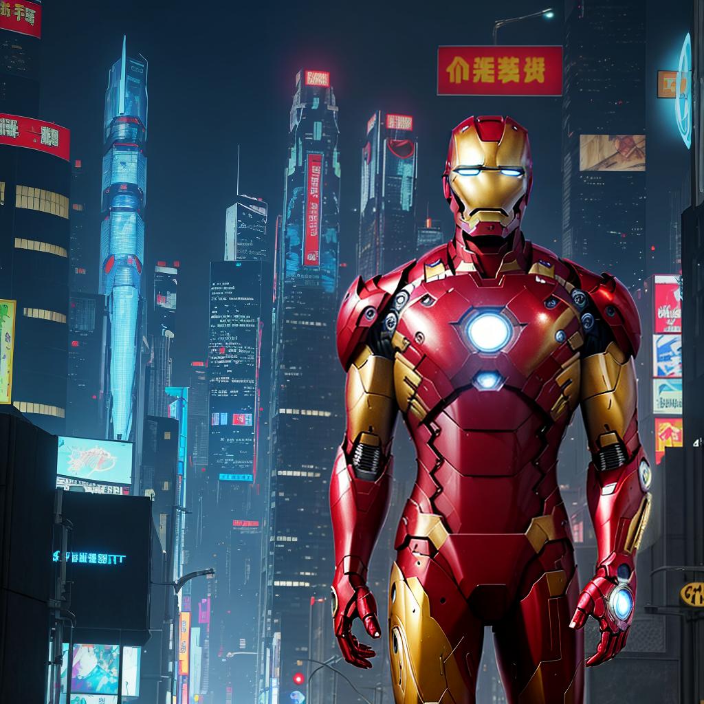  masterpiece, best quality, Best quality, masterpiece, 8k resolution, realistic, highly detailed, close up of Iron Man. In a cyberpunk-style night scene of the city, he stands on a street lined with tall buildings. The city's night lights are bright, The surrounding buildings and streets are filled with cyberpunk elements such as neon lights, high-tech devices, and futuristic architectural designs.