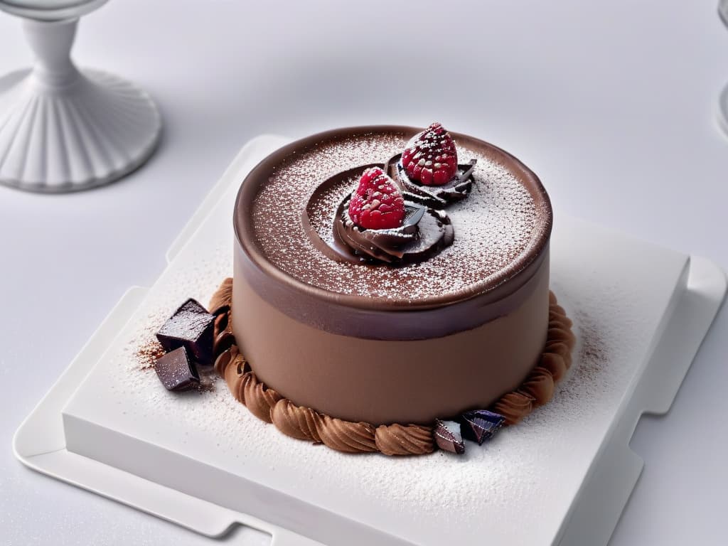  A closeup shot of a decadent chocolate mousse in a sleek, modern glass dessert cup, showcasing its velvety texture and rich, glossy appearance. The mousse is garnished with a dusting of cocoa powder, delicate chocolate shavings, and a fresh raspberry on top, all set against a clean, white background to emphasize its luxurious presentation and perfect texture. hyperrealistic, full body, detailed clothing, highly detailed, cinematic lighting, stunningly beautiful, intricate, sharp focus, f/1. 8, 85mm, (centered image composition), (professionally color graded), ((bright soft diffused light)), volumetric fog, trending on instagram, trending on tumblr, HDR 4K, 8K