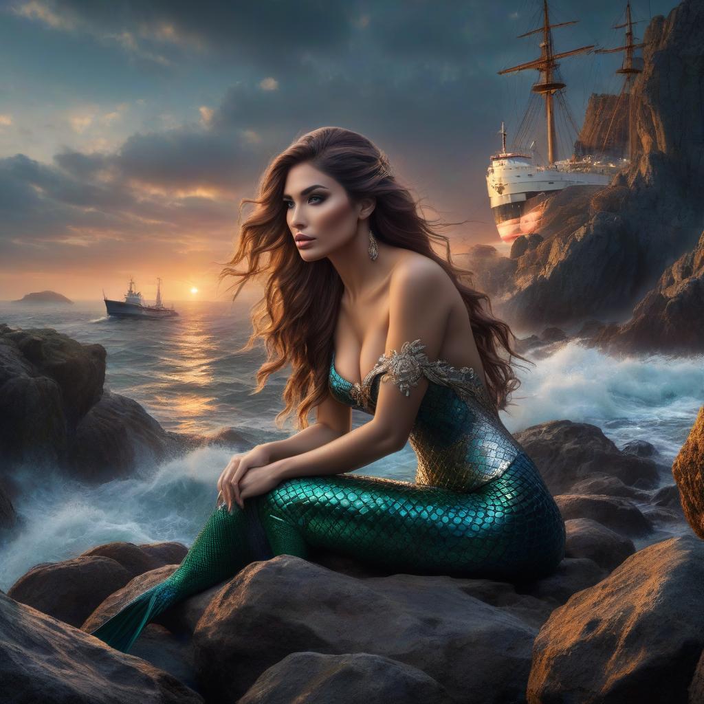  Mermaid sits on rocks and watches the ship disappearing into the sunset, gloomy fantasy. hyperrealistic, full body, detailed clothing, highly detailed, cinematic lighting, stunningly beautiful, intricate, sharp focus, f/1. 8, 85mm, (centered image composition), (professionally color graded), ((bright soft diffused light)), volumetric fog, trending on instagram, trending on tumblr, HDR 4K, 8K