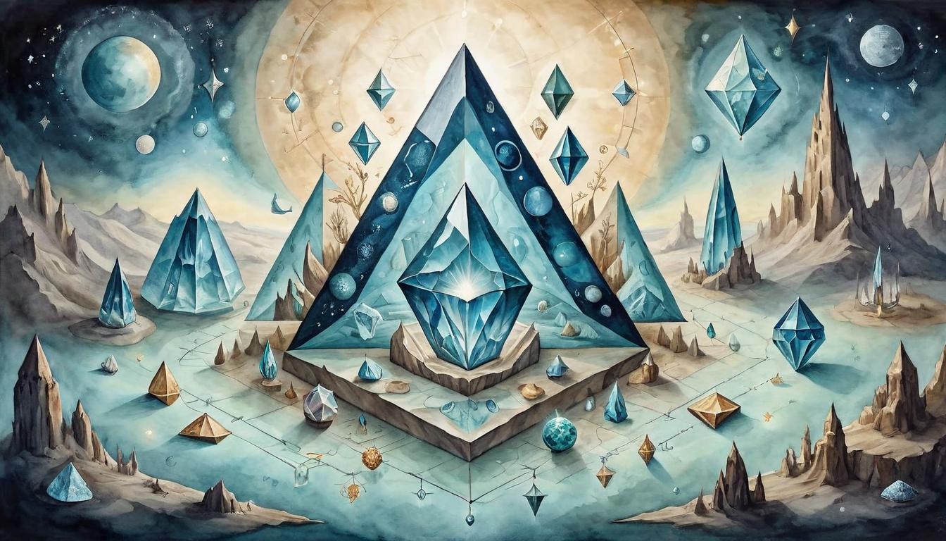  on parchment, surrealism+++, Crystals arranged in a geometric pattern, shimmering with a soft glow, cosmic energy, interconnected light(mysterious, provocative, symbolic,muted color)+++