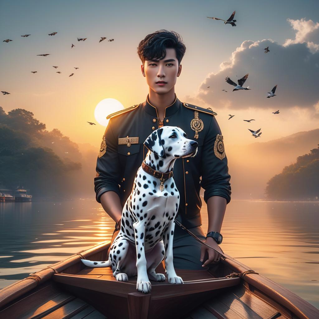  boy and dalmatian dog enjoying a tranquil boat ride among calm waters, surrounded by flying birds and a warm golden sunset. heavenly sun rays, divine bright soft focus, shrine in the clouds hyperrealistic, full body, detailed clothing, highly detailed, cinematic lighting, stunningly beautiful, intricate, sharp focus, f/1. 8, 85mm, (centered image composition), (professionally color graded), ((bright soft diffused light)), volumetric fog, trending on instagram, trending on tumblr, HDR 4K, 8K