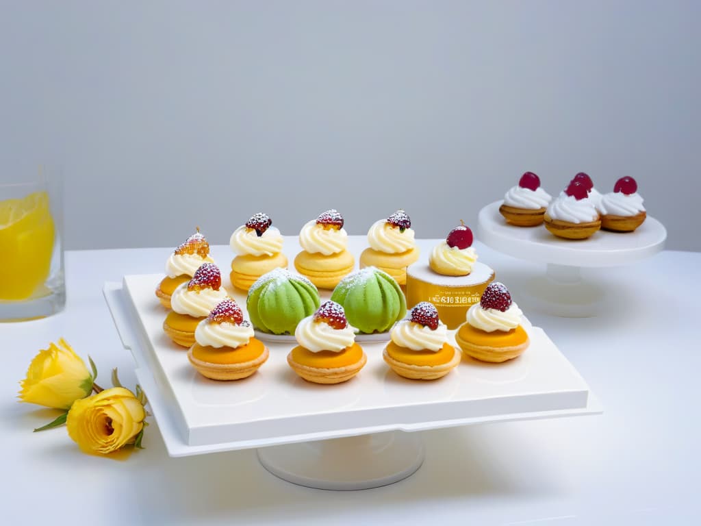  An elegant and minimalistic dessert table set up with a variety of small, bitesized desserts arranged on white platters and marble serving trays. The desserts include delicate macarons, mini cream puffs, and tiny fruit tarts, all beautifully presented with fresh flowers as garnish. The table is set against a clean, white backdrop with soft, natural lighting that highlights the intricate details and vibrant colors of the desserts. Each dessert is meticulously crafted and perfectly styled, creating a visually stunning and inviting display that is sure to impress guests at any event. hyperrealistic, full body, detailed clothing, highly detailed, cinematic lighting, stunningly beautiful, intricate, sharp focus, f/1. 8, 85mm, (centered image composition), (professionally color graded), ((bright soft diffused light)), volumetric fog, trending on instagram, trending on tumblr, HDR 4K, 8K