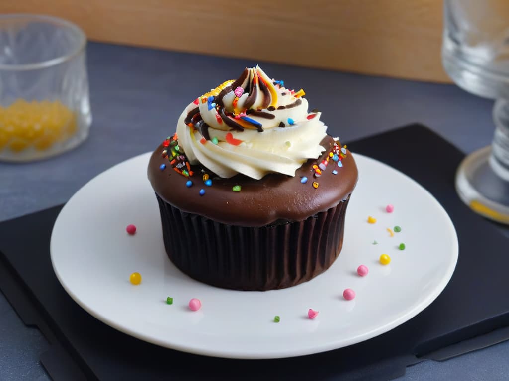  An ultradetailed closeup image of a perfectly frosted vegan cupcake, showcasing a smooth and glossy chocolate ganache topping with delicate vegan sprinkles on top. The cupcake sits on a sleek, modern matte black plate, highlighting the rich and indulgent texture of the frosting. hyperrealistic, full body, detailed clothing, highly detailed, cinematic lighting, stunningly beautiful, intricate, sharp focus, f/1. 8, 85mm, (centered image composition), (professionally color graded), ((bright soft diffused light)), volumetric fog, trending on instagram, trending on tumblr, HDR 4K, 8K