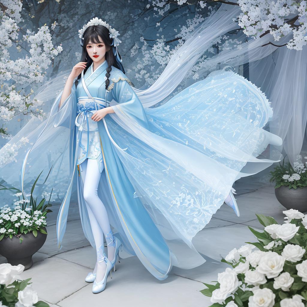  masterpiece, best quality, (Fidelity: 1.4), Best Quality, Masterpiece, Ultra High Resolution, Poster, Fantasy Art, Very Detailed Faces, 8k resolution, Chinese Style, An woman, Side Face, Quiet, Light Blue Hanfu, Tulle Coat, Long Black Hair, Light Blue Fringed Hair Ornament, Hairpin, White Ribbon, White Flower Bush, Light Blue erfly Flying, cinematic lighting effects skinny , flat , long thin , lace stockings, high heels, view from feet to head, red lipsteak, short hair