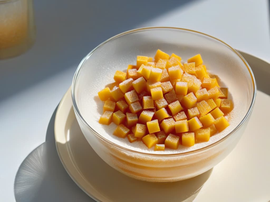  A closeup, ultradetailed image of granulated sugar in a pristine glass bowl, beautifully illuminated to showcase the individual crystals reflecting light in a mesmerizing pattern. The sugar glistens with a golden hue, hinting at the transformative process of caramelization, while the background fades into a soft blur, emphasizing the purity and simplicity of the ingredient. hyperrealistic, full body, detailed clothing, highly detailed, cinematic lighting, stunningly beautiful, intricate, sharp focus, f/1. 8, 85mm, (centered image composition), (professionally color graded), ((bright soft diffused light)), volumetric fog, trending on instagram, trending on tumblr, HDR 4K, 8K