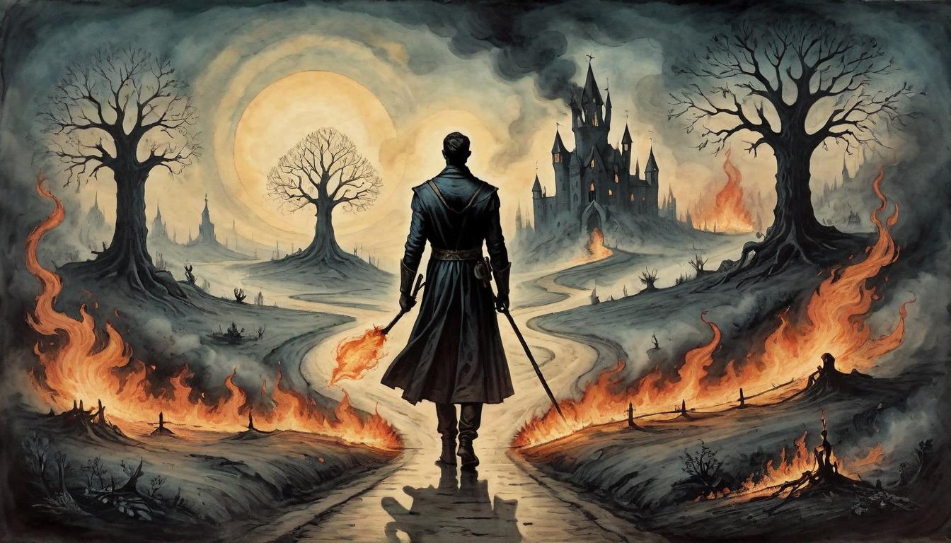  on parchment, surrealism+++, A silhouetted figure standing at the crossroads of a burning and a flourishing path, choice between exploitation and nurturance, a decision that shapes the future, pivotal change(mysterious, provocative, symbolic,muted color)+++