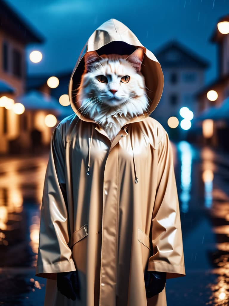 cinematic photo art concept + photo of a anthropomorphic cat, ghost, full-length portrait, realistic, humanization, in a beige raincoat, hood, fantasy art, solo, masterpiece, Zoomorphism, nite . 35mm photograph, film, bokeh, professional, 4k, highly detailed