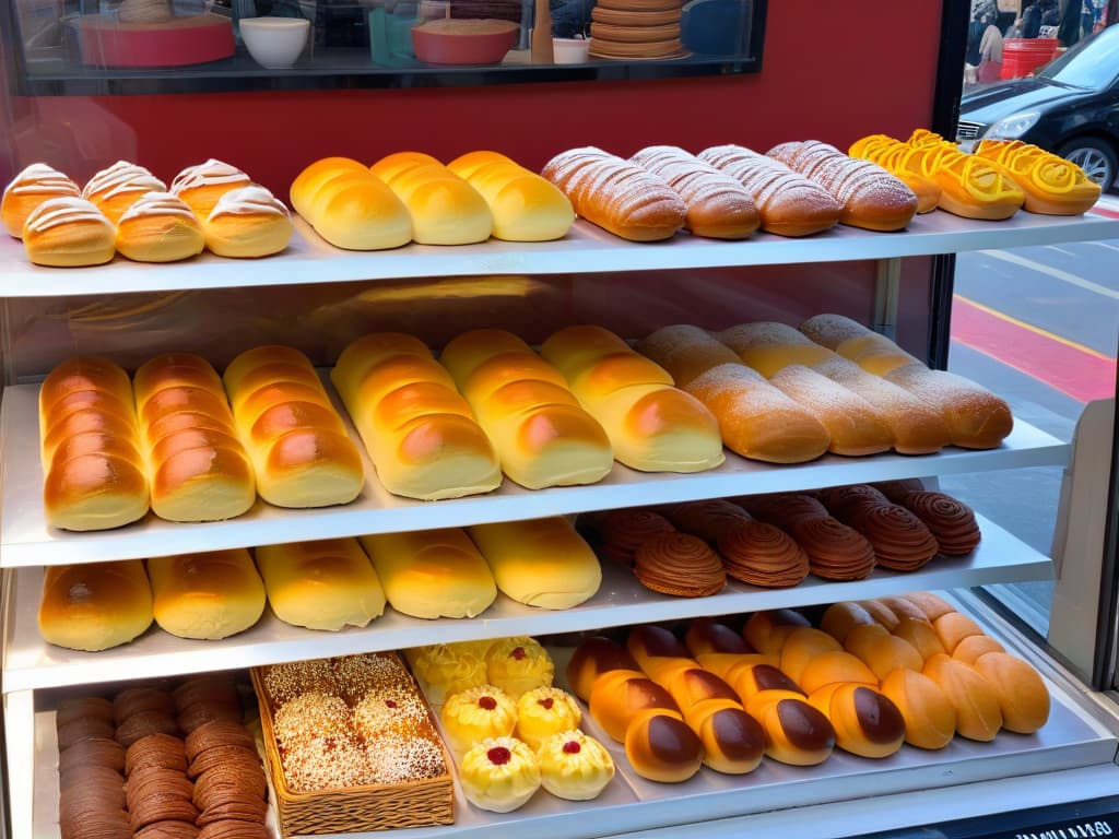  An ultradetailed, photorealistic image of a traditional Mexican pan dulce bakery, bustling with activity as bakers meticulously craft various types of sweet bread. The scene is vibrant with colors, showcasing an array of freshly baked conchas, orejas, and cuernitos beautifully displayed in the shop window. Customers of diverse backgrounds can be seen eagerly selecting their favorite pastries, capturing the essence of global appreciation for Mexican pan dulce. hyperrealistic, full body, detailed clothing, highly detailed, cinematic lighting, stunningly beautiful, intricate, sharp focus, f/1. 8, 85mm, (centered image composition), (professionally color graded), ((bright soft diffused light)), volumetric fog, trending on instagram, trending on tumblr, HDR 4K, 8K