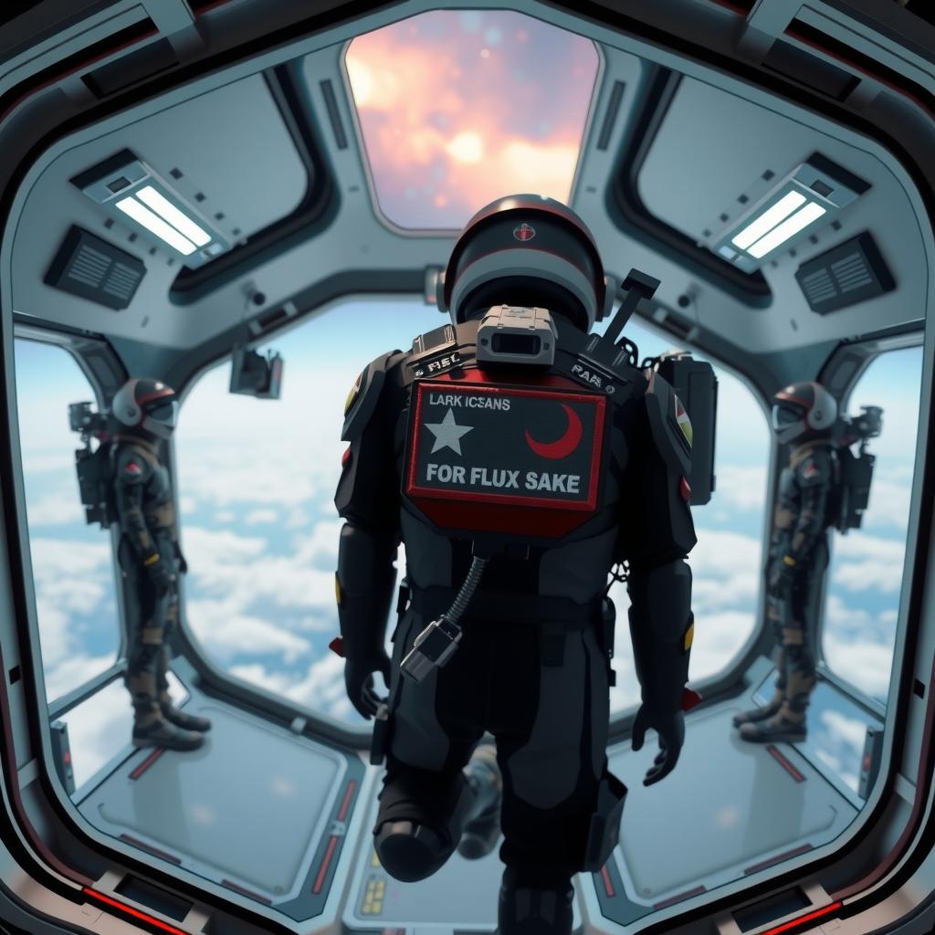  a crew of space explorers in futuristic suits are floating through a space station with massive glass windows showing a nebula filled sky. one crew member has a patch on their suit with the words 'for flux sake' symbolizing their rebellious nature as they prepare to venture into the unknown galaxy.