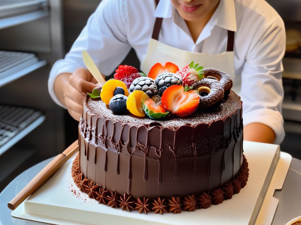  A photorealistic image of a skilled pastry chef meticulously decorating a decadent chocolate cake with intricate details using Fair Trade certified ingredients. The chef is focused and precise, with a serene expression, showcasing the artistry and craftsmanship involved in creating ethically sourced and delicious pastries. The background features a bustling bakery kitchen filled with highquality baking tools and ingredients, emphasizing the importance of Fair Trade certifications in the world of pastry making. hyperrealistic, full body, detailed clothing, highly detailed, cinematic lighting, stunningly beautiful, intricate, sharp focus, f/1. 8, 85mm, (centered image composition), (professionally color graded), ((bright soft diffused light)), volumetric fog, trending on instagram, trending on tumblr, HDR 4K, 8K