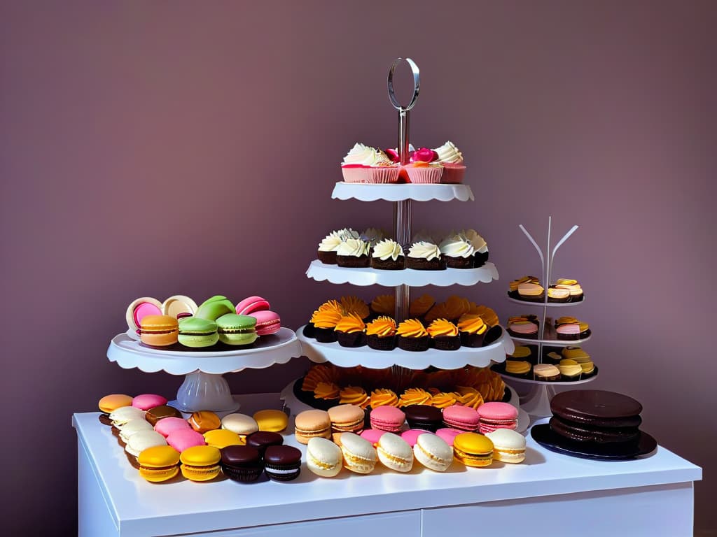  A beautifully styled, minimalistic image of an elegant dessert table at a themed party. The table is adorned with an array of uniquely designed desserts such as colorful macarons, intricate cupcakes, and artisanal chocolates. Soft ambient lighting highlights the desserts, casting gentle shadows and creating a sophisticated and inviting atmosphere. The backdrop features subtle, tasteful decor elements that complement the theme of the party, adding to the overall aesthetic appeal of the image. hyperrealistic, full body, detailed clothing, highly detailed, cinematic lighting, stunningly beautiful, intricate, sharp focus, f/1. 8, 85mm, (centered image composition), (professionally color graded), ((bright soft diffused light)), volumetric fog, trending on instagram, trending on tumblr, HDR 4K, 8K