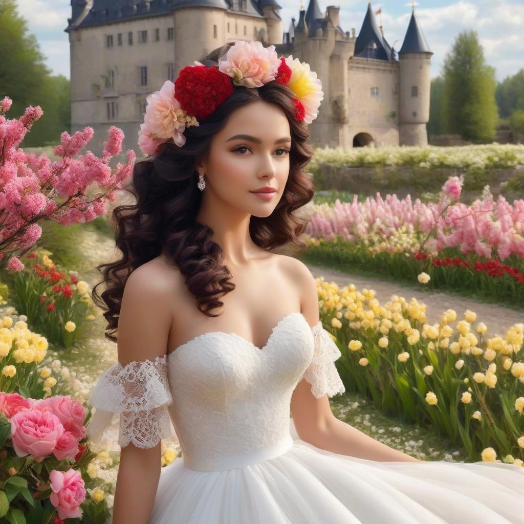  A masterpiece. Very beautiful girl with black curls gathered upwards. Beautiful hairstyle. White wedding fitted dress with lace. Elegance. Very beautiful dress. Brown eyes. Happy look. No pomp, just elegance. (Sparkling rim)): spring field, hyacinths, roses, rosehips, rose hips, peonies, cherry tree, yellow, red. Castle. Realism, rococo, surrealist abstraction. Alfonso Mucha, Honoré Fargonard. The Emerald Palace, the towers. Holobue sky. Golden spires, Gothic style. Fantasy, fairy tale. Poppy field in front of palace. Honoré Fargonard, Alfonso Mucha. Emerald stones, Green Alley. hyperrealistic, full body, detailed clothing, highly detailed, cinematic lighting, stunningly beautiful, intricate, sharp focus, f/1. 8, 85mm, (centered image composition), (professionally color graded), ((bright soft diffused light)), volumetric fog, trending on instagram, trending on tumblr, HDR 4K, 8K