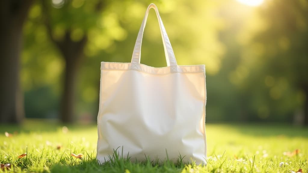  good quality, high quality, tote bag mockup concept image with a blank tote bag sitting outside in a park on sunny day for the large sturdy cloth unfastened bag with parallel handles with copy space