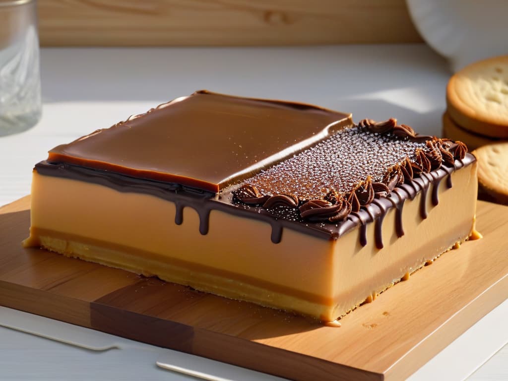  A photorealistic closeup image of a decadent caramel slice resting on a rustic wooden table, showcasing the perfect balance of a buttery biscuit base, luscious caramel layer, and smooth chocolate topping. The caramel glistens invitingly under a soft, natural light, highlighting its rich golden hue and enticing texture, while subtle crumbs of the base hint at a satisfying crunch. The chocolate layer is perfectly tempered, adding a glossy sheen to this mouthwatering treat, making it an irresistible visual representation of the harmonious blend of sweetness and texture in a Caramel Slice. hyperrealistic, full body, detailed clothing, highly detailed, cinematic lighting, stunningly beautiful, intricate, sharp focus, f/1. 8, 85mm, (centered image composition), (professionally color graded), ((bright soft diffused light)), volumetric fog, trending on instagram, trending on tumblr, HDR 4K, 8K