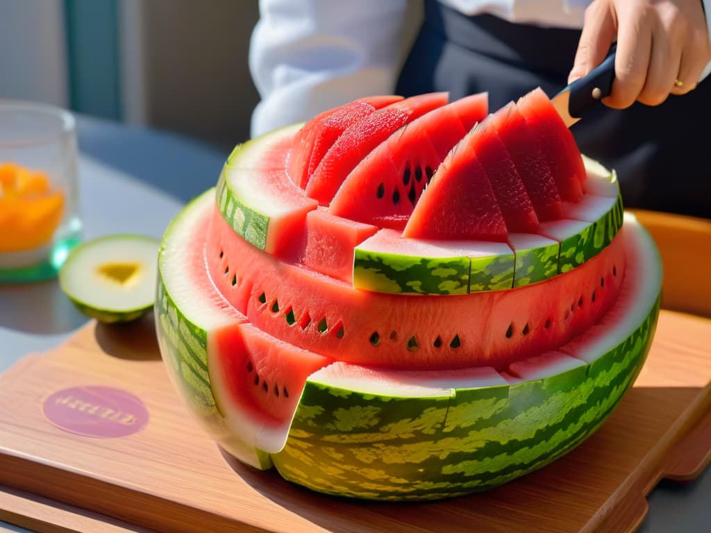  A highly detailed 8k image of a skilled chef delicately carving a intricate design into a vibrant watermelon, with the focus on the precision of the knife cutting through the fruit's flesh, capturing the elegance and artistry of fruit carving. hyperrealistic, full body, detailed clothing, highly detailed, cinematic lighting, stunningly beautiful, intricate, sharp focus, f/1. 8, 85mm, (centered image composition), (professionally color graded), ((bright soft diffused light)), volumetric fog, trending on instagram, trending on tumblr, HDR 4K, 8K