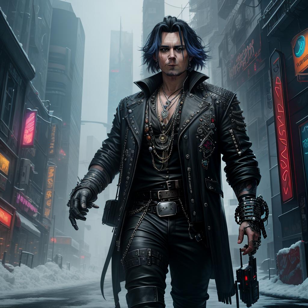  johnny depp, cyberpunk, big chains, snow city background, realism, hyper details, super quality, 8k, light hyperrealistic, full body, detailed clothing, highly detailed, cinematic lighting, stunningly beautiful, intricate, sharp focus, f/1. 8, 85mm, (centered image composition), (professionally color graded), ((bright soft diffused light)), volumetric fog, trending on instagram, trending on tumblr, HDR 4K, 8K