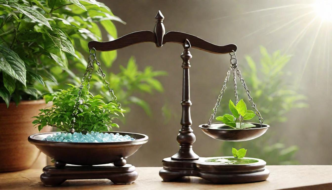  digital illustration A balance scale, one side with medical tools, the other with plants, sunlight, and water droplets, symbolizing holistic healing's aim, balanced, harmonizing looking at viewer, dynamic pose, (intricate details, masterpiece, best quality)