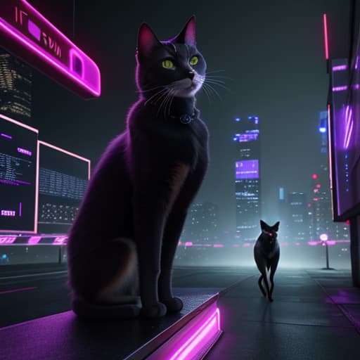  masterpiece, best quality, a scene featuring a bionic cat navigating a neon-lit cityscape, blending seamlessly with the cyber-enhanced environments , masterpiece, best quality, a scene featuring a bionic cat navigating a neon-lit cityscape, blending seamlessly with the cyber-enhanced environments , masterpiece, best quality, a scene featuring a bionic cat navigating a neon-lit cityscape, blending seamlessly with the cyber-enhanced environments , hyperrealistic, full body, detailed clothing, highly detailed, cinematic lighting, stunningly beautiful, intricate, sharp focus, f/1. 8, 85mm, (centered image composition), (professionally color graded), ((bright soft diffused light)), volumetric fog, trending on instagram, trending on tumblr, HDR 4K, 8K