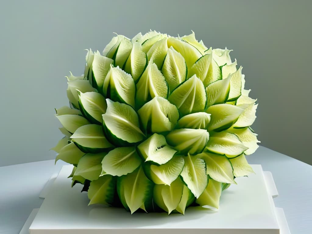  An ultradetailed image of a meticulously carved watermelon into a blooming flower shape, showcasing intricate petals and delicate details, set against a clean, white background. The precision and artistry of the fruit carving are evident, with each curve and design element highlighted with exceptional clarity and sharpness, emphasizing the skill and creativity involved in incorporating fruit and vegetable carving in pastry creations. hyperrealistic, full body, detailed clothing, highly detailed, cinematic lighting, stunningly beautiful, intricate, sharp focus, f/1. 8, 85mm, (centered image composition), (professionally color graded), ((bright soft diffused light)), volumetric fog, trending on instagram, trending on tumblr, HDR 4K, 8K