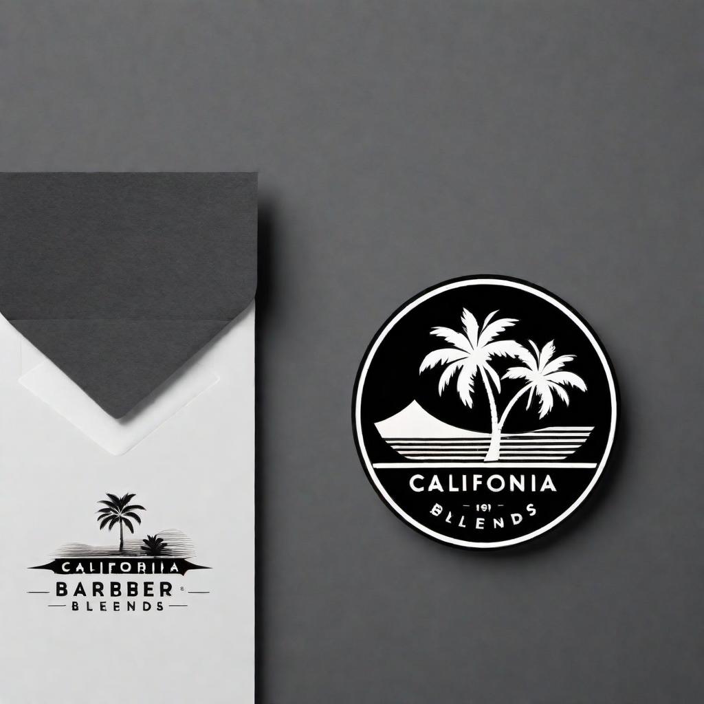  A barber logo for the 'California Department of Blends'. The logo should be stylish and modern, evoking a sense of high-quality barber services. It should incorporate elements that represent California, like palm trees or a sun. 'California Department of Blends' should be prominently featured in the design. The color scheme can include black, white and golden accents to suggest sophistication. Imagery associated with barbering, such as scissors, a barber pole, or a classic razor, should be integrated into the design. hyperrealistic, full body, detailed clothing, highly detailed, cinematic lighting, stunningly beautiful, intricate, sharp focus, f/1. 8, 85mm, (centered image composition), (professionally color graded), ((bright soft diffused light)), volumetric fog, trending on instagram, trending on tumblr, HDR 4K, 8K