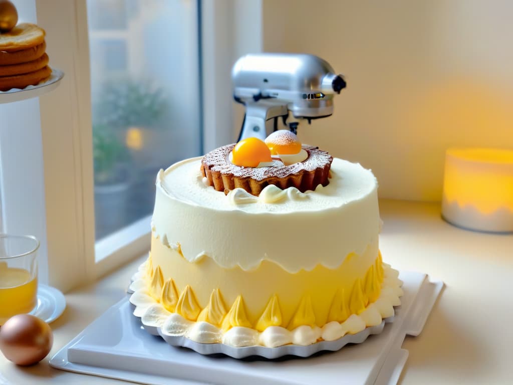  A beautifully decorated kitchen counter with a pristine white stand mixer whipping up fluffy egg whites into stiff peaks, a cloudlike batter being gently folded in a glass bowl, a heavenly Angel Food Cake rising in the oven through the oven window, with a soft golden glow illuminating the scene, capturing the essence of achieving the perfect fluffy texture for the Angel Food Cake. hyperrealistic, full body, detailed clothing, highly detailed, cinematic lighting, stunningly beautiful, intricate, sharp focus, f/1. 8, 85mm, (centered image composition), (professionally color graded), ((bright soft diffused light)), volumetric fog, trending on instagram, trending on tumblr, HDR 4K, 8K