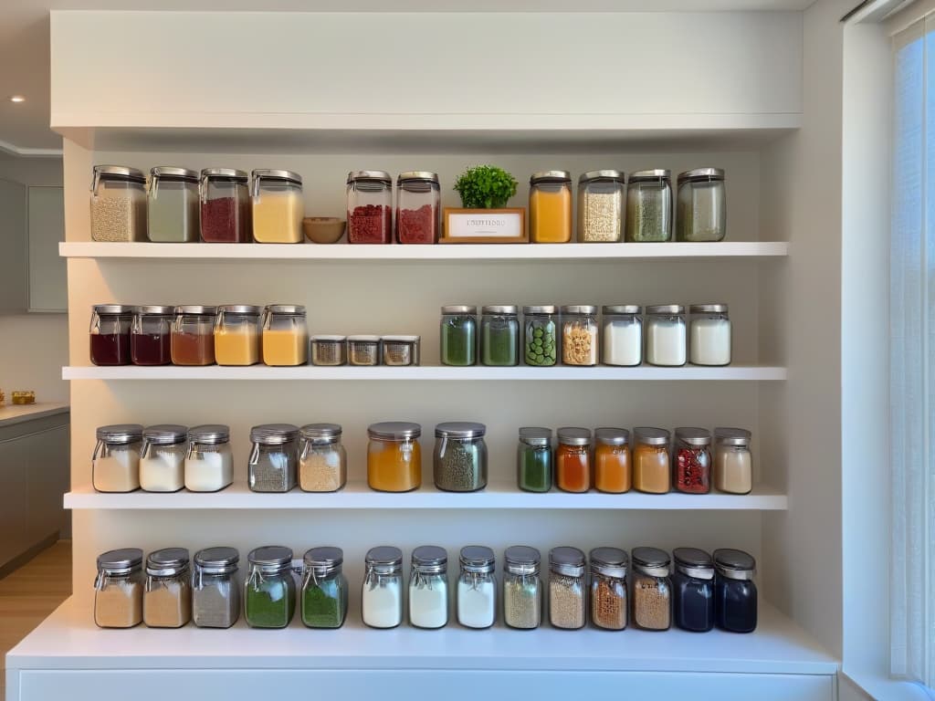  A minimalist, highresolution image depicting a sleek, contemporary kitchen with marble countertops, stainless steel appliances, and a trendy open shelving unit displaying an array of traditional and modern baking ingredients neatly organized in clear glass jars. The soft natural light filtering through sheer curtains adds a warm, inviting glow to the scene, creating a serene and sophisticated ambiance perfect for crafting traditional recipes with a modern twist. hyperrealistic, full body, detailed clothing, highly detailed, cinematic lighting, stunningly beautiful, intricate, sharp focus, f/1. 8, 85mm, (centered image composition), (professionally color graded), ((bright soft diffused light)), volumetric fog, trending on instagram, trending on tumblr, HDR 4K, 8K