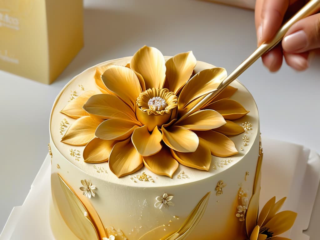  An ultradetailed closeup image of a delicate fondant flower being meticulously painted with edible gold paint, showcasing intricate brush strokes and shimmering details. The image captures the precision and artistry required in applying edible paint, with each petal and curve highlighted in stunning clarity, emphasizing the skill and care needed for a flawless finish. hyperrealistic, full body, detailed clothing, highly detailed, cinematic lighting, stunningly beautiful, intricate, sharp focus, f/1. 8, 85mm, (centered image composition), (professionally color graded), ((bright soft diffused light)), volumetric fog, trending on instagram, trending on tumblr, HDR 4K, 8K