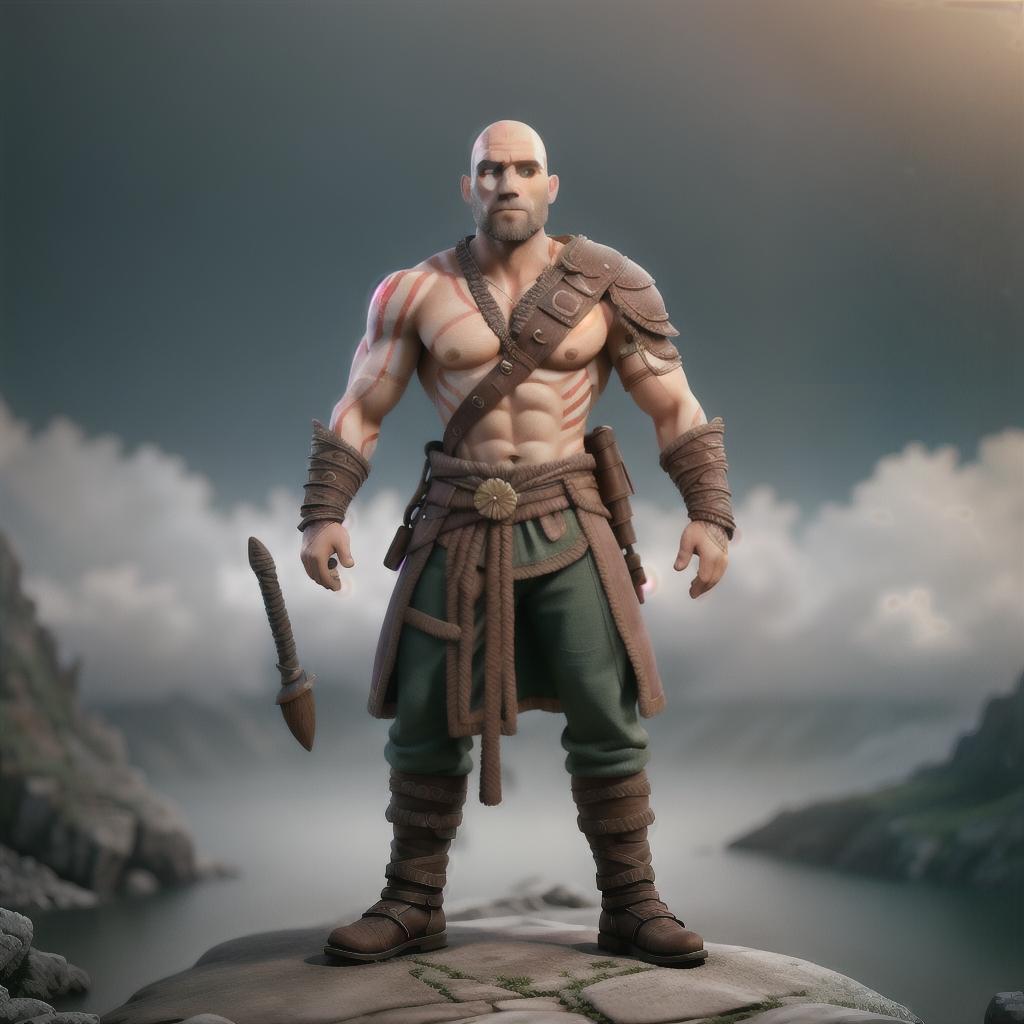  God of war hyperrealistic, full body, detailed clothing, highly detailed, cinematic lighting, stunningly beautiful, intricate, sharp focus, f/1. 8, 85mm, (centered image composition), (professionally color graded), ((bright soft diffused light)), volumetric fog, trending on instagram, trending on tumblr, HDR 4K, 8K